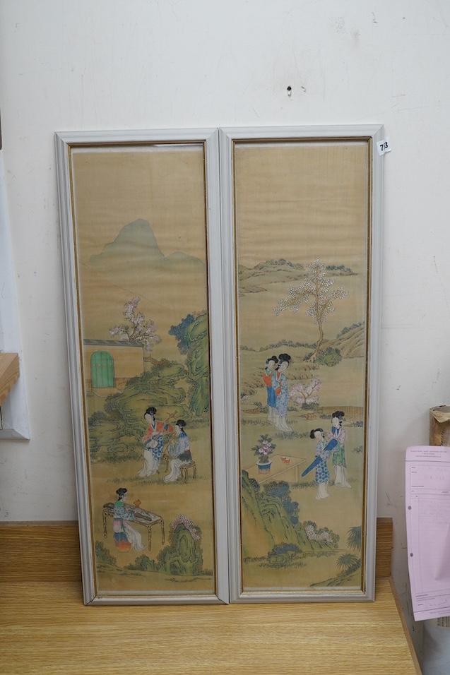 Chinese School, pair of watercolours on silk, Females before landscapes, 80 x 21cm. Condition - fair, some discolouration